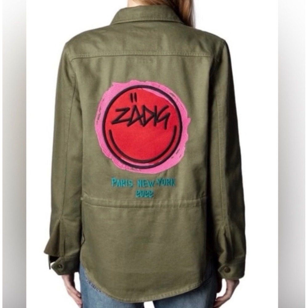 Zadig & Voltaire Tackl Jacket Womens XS Green Cotton Smile Patch Indie Military